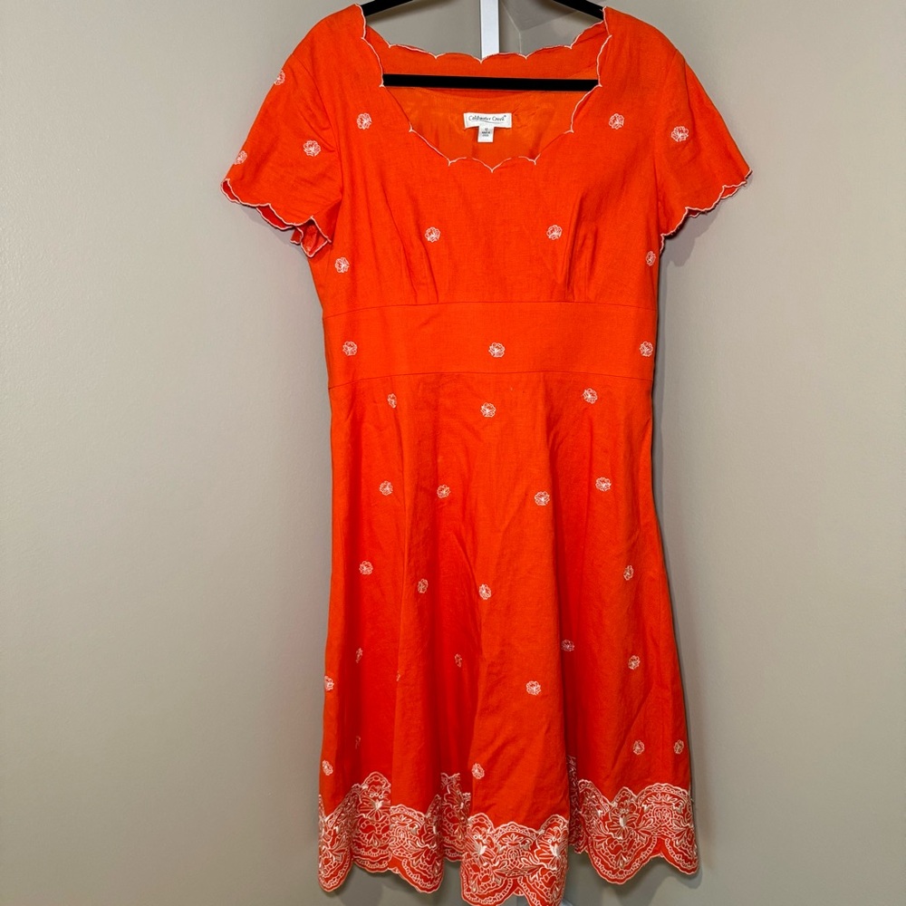 Coldwater Creek Orange White Linen Embroidered Dress‎ Scalloped Size 12 hanging - Picture 6 of 6